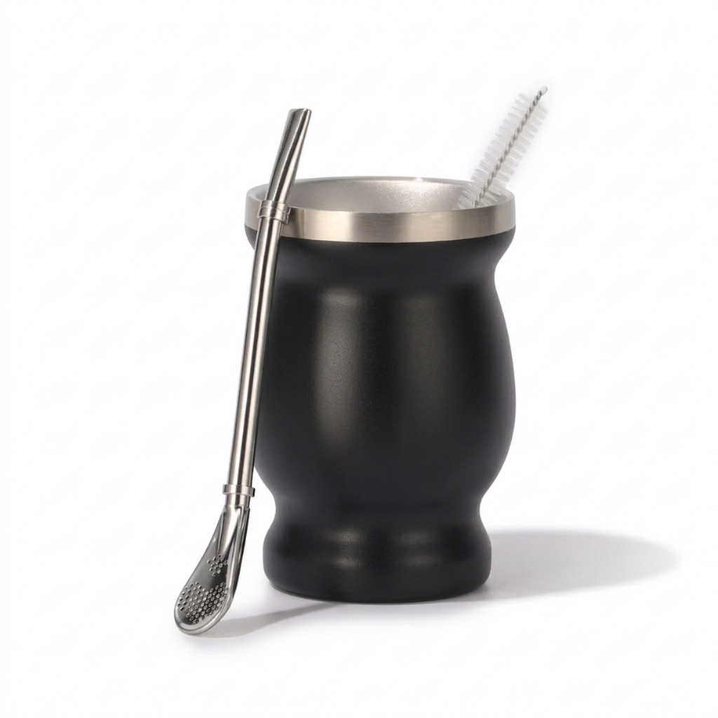 Custom stainless steel yerba mate cup set with double-wall cup and matching straw, available in 4oz and 8oz sizes