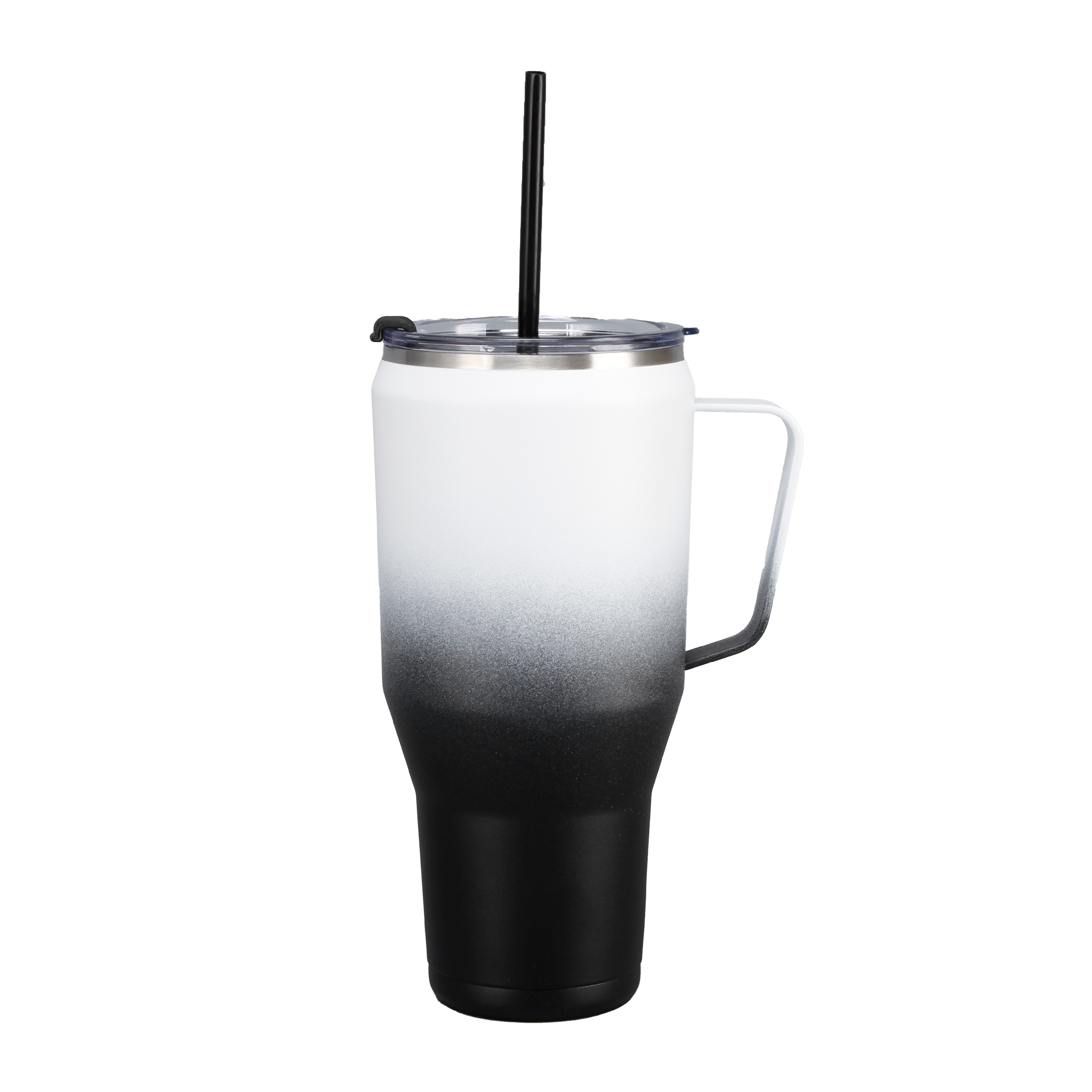 40 oz stainless steel vacuum tumbler with handle and reusable straw in a modern design