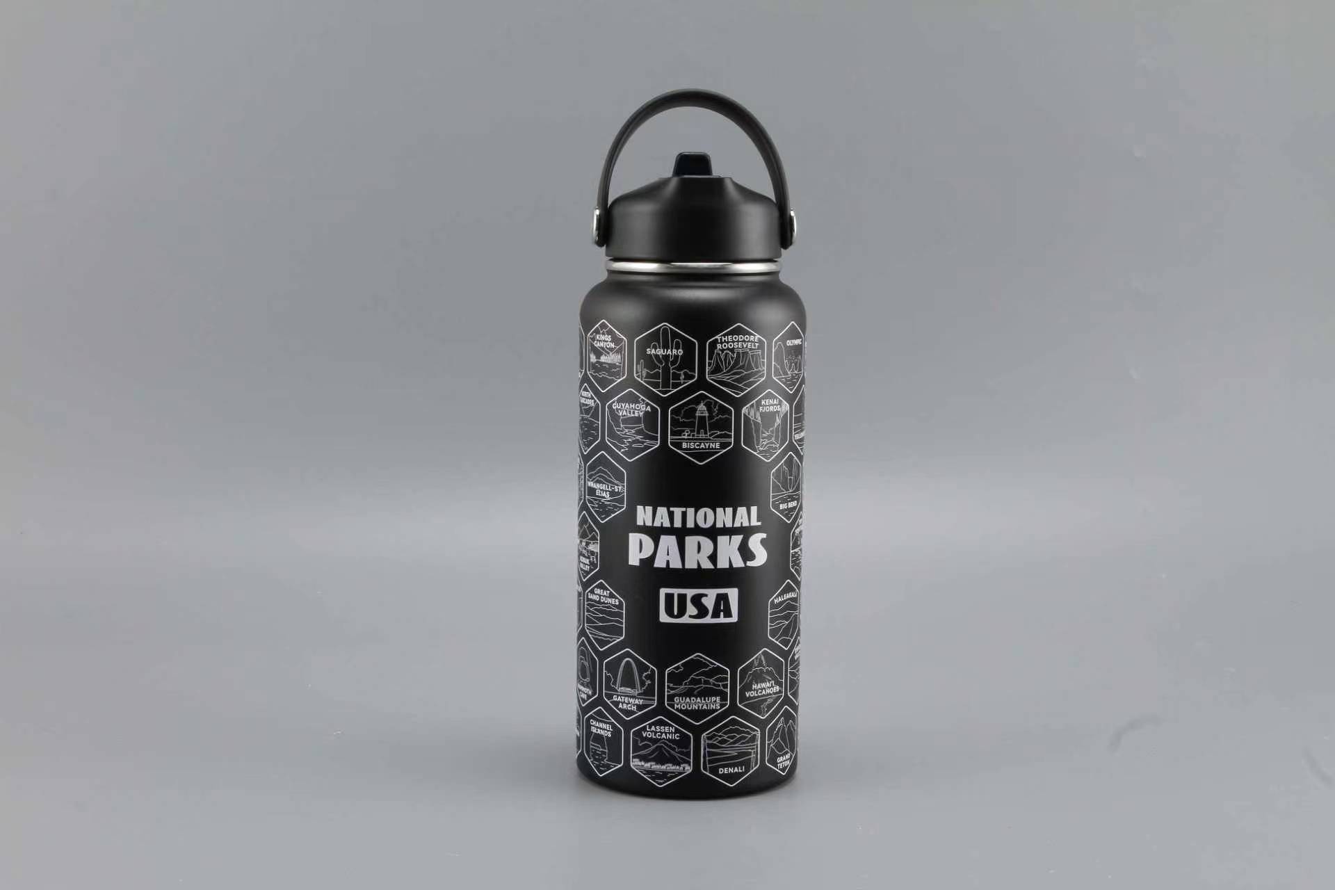 Travel water bottle decorated with collectible national park stickers