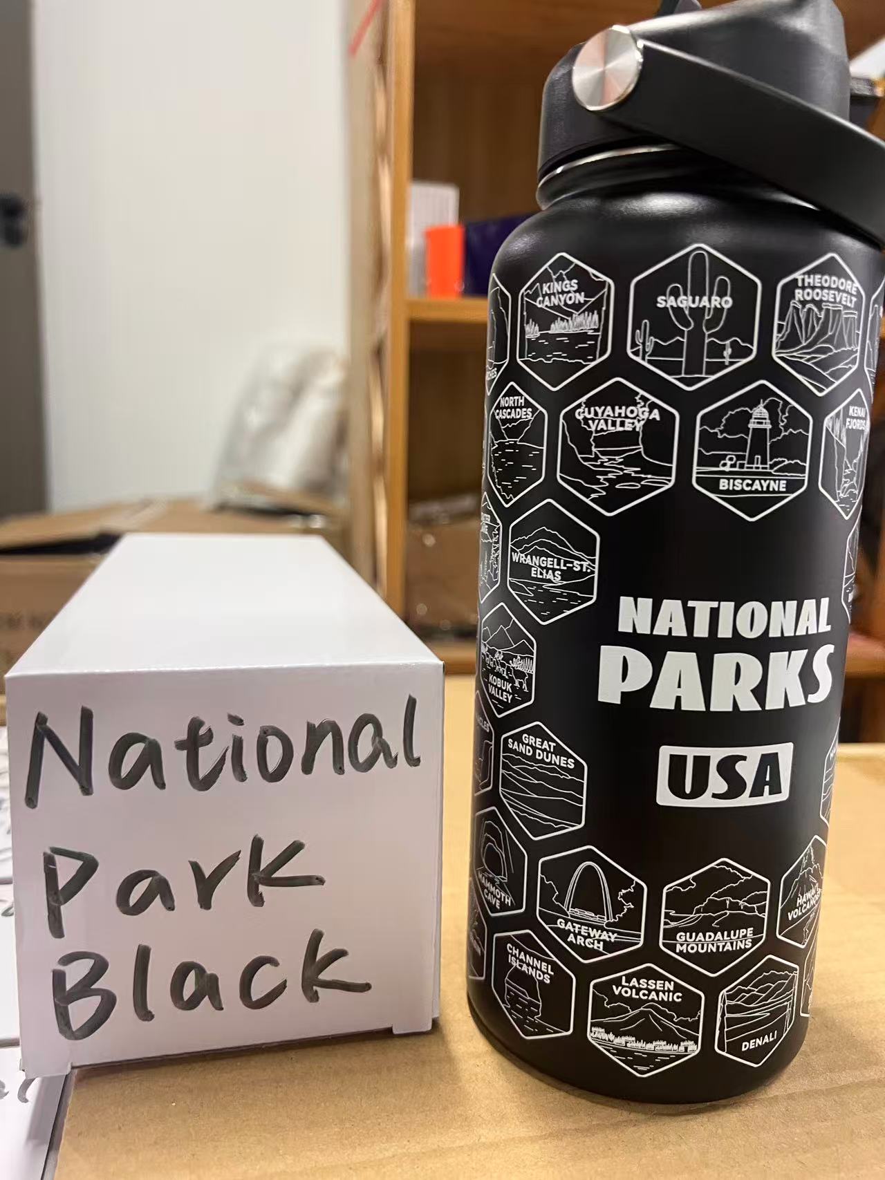 Close-up of illustrated American national park collectible stickers