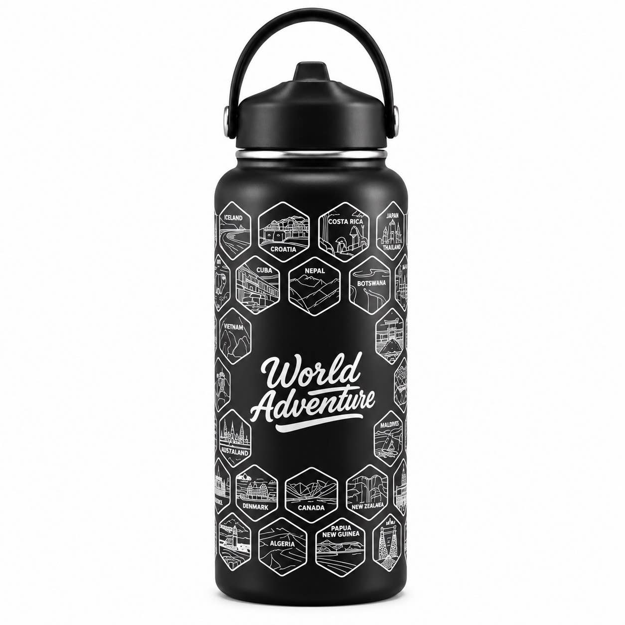 World Travel Water Bottle with 63 Country Stickers
