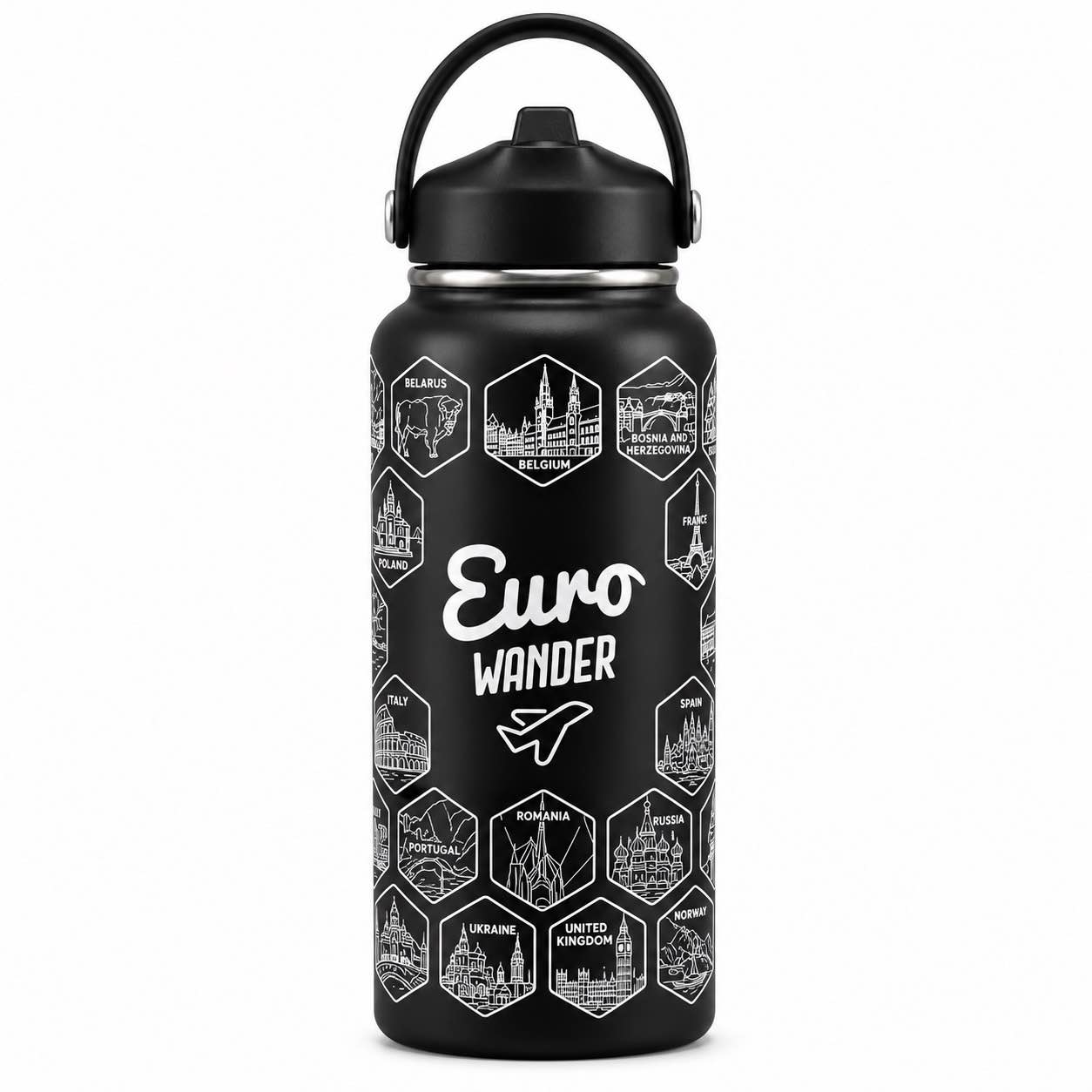 Europe travel insulated water bottle with 47 collectible destination stickers