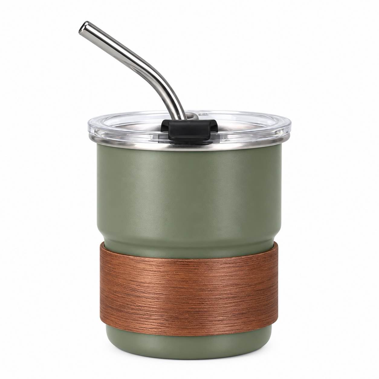 300ml olive green stainless steel coffee cup with wood-look sleeve, clear lid and curved metal straw