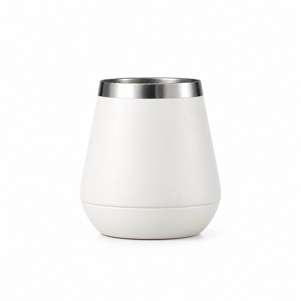10oz matte black insulated stainless steel stemless wine tumbler with tapered body and silver rim