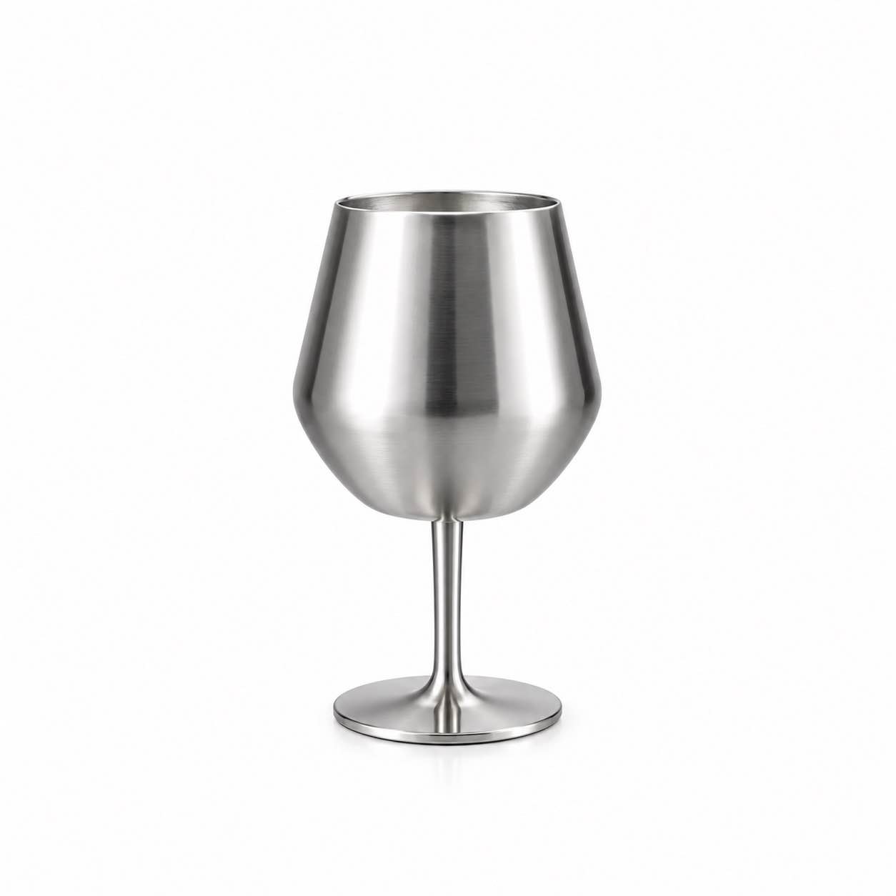 Metallic pink stainless steel wine glass with rounded bowl and removable stem and base on white background