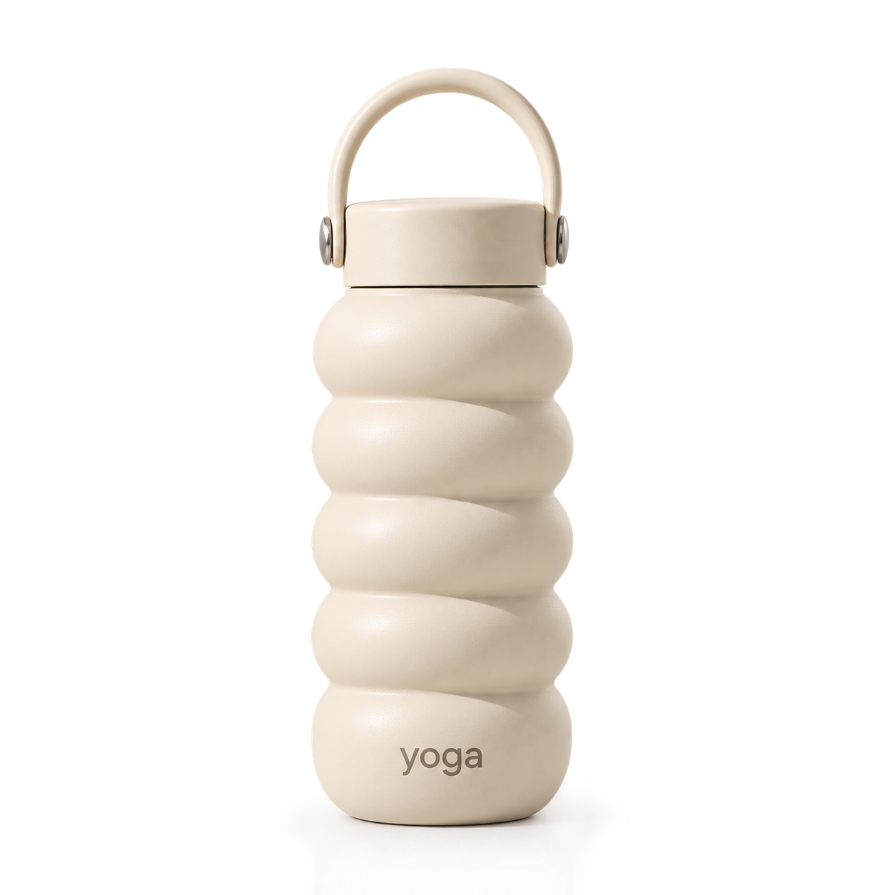 Peach pink ribbed insulated water bottle with four rounded bands, cream lid and arched carry handle